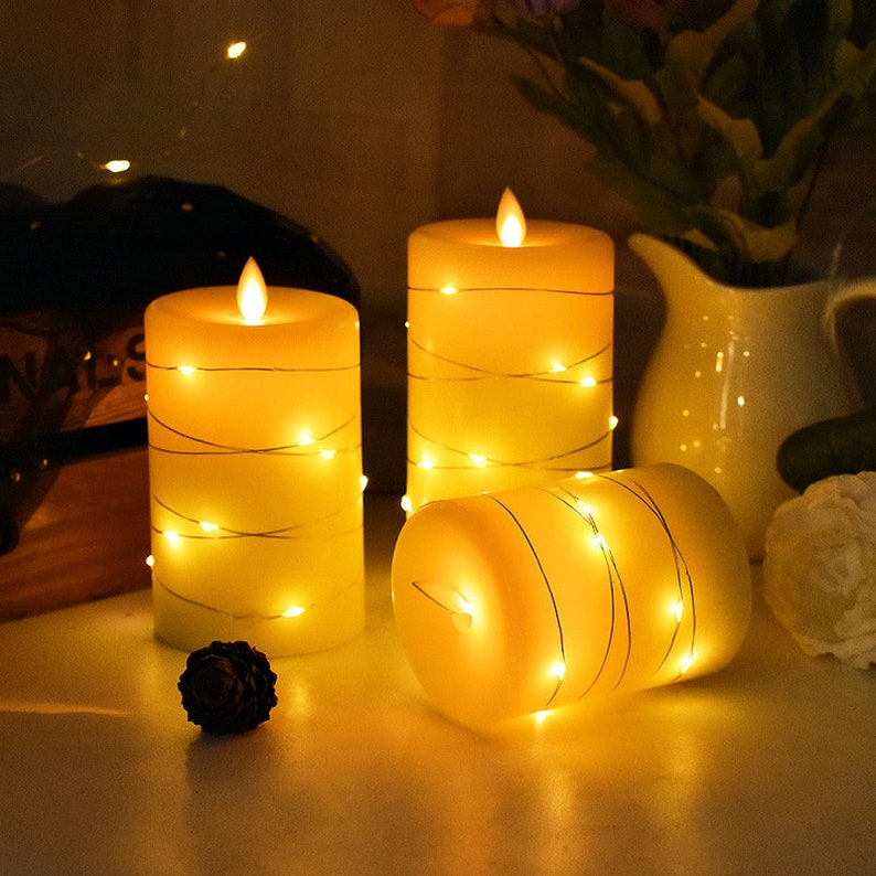 Set of 3 Real Wax Flameless Candles with Embedded String Lights Battery Operated with Remote and Timer Cycling 24 Hours Timer