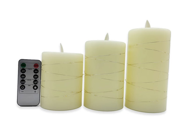 Set of 3 Real Wax Flameless Candles with Embedded String Lights Battery Operated with Remote and Timer Cycling 24 Hours Timer