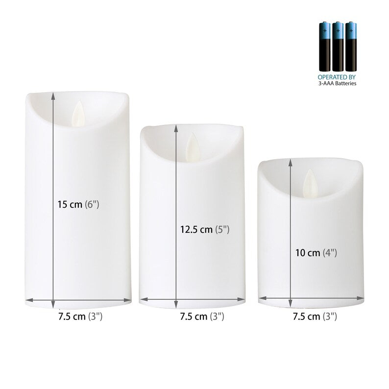 Set of 3 Flameless Candle Unscented Moving Wick Flame Candle with Timer Non Wax.Plastic Finish (H 4" 5" 6" x D 3") Battery Operated White