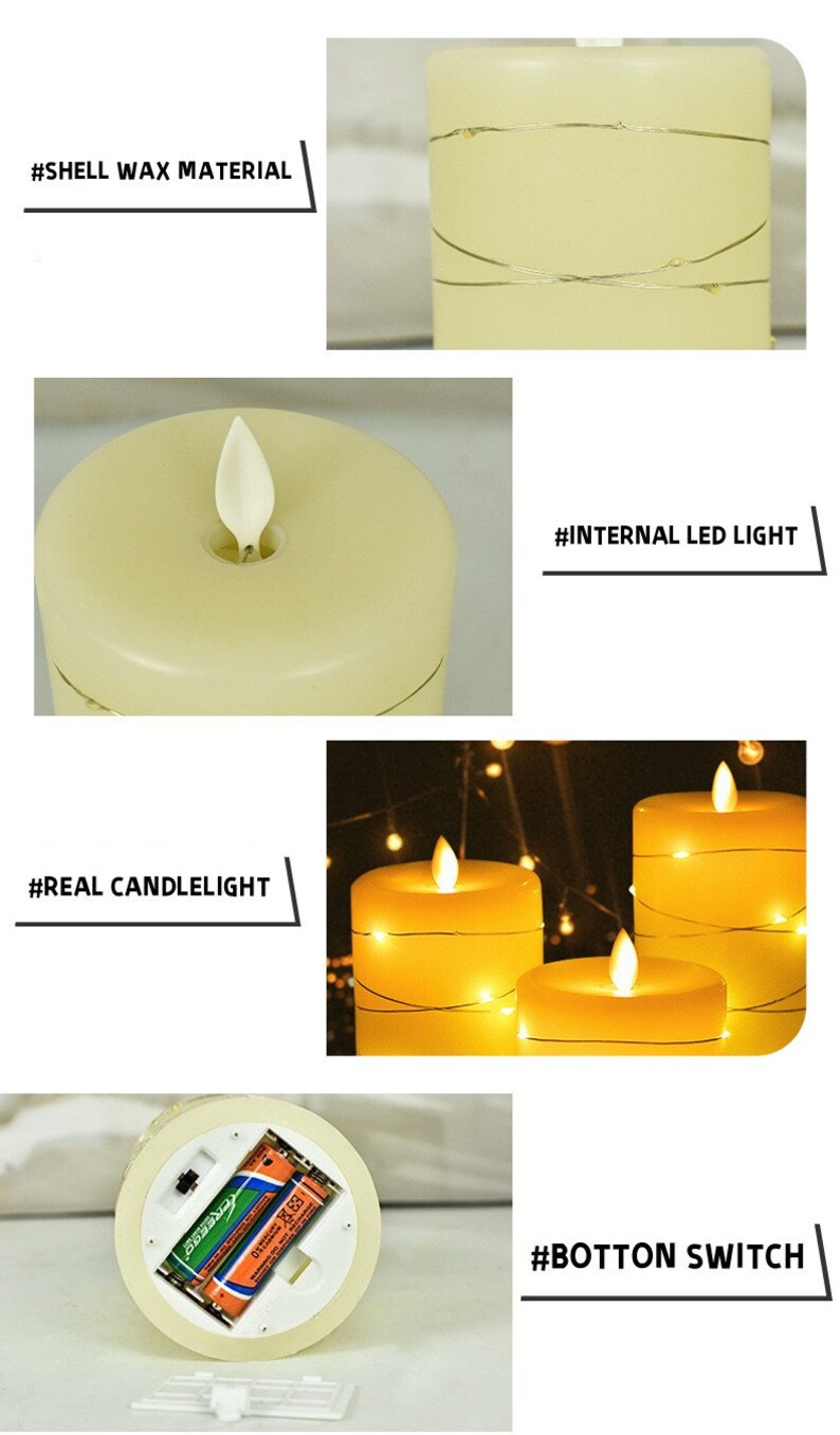 Set of 3 Real Wax Flameless Candles with Embedded String Lights Battery Operated with Remote and Timer Cycling 24 Hours Timer