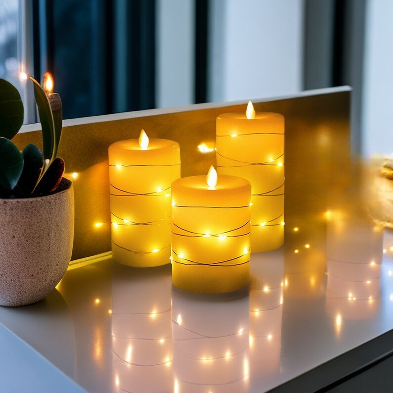 Set of 3 Real Wax Flameless Candles with Embedded String Lights Battery Operated with Remote and Timer Cycling 24 Hours Timer