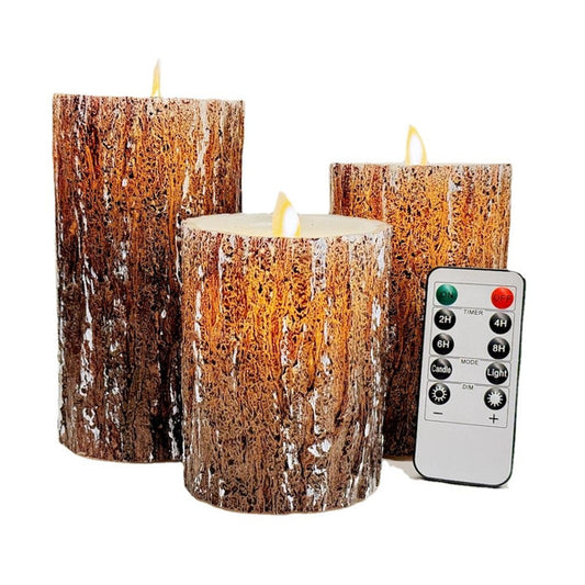 LED Flameless Candles Pine Bark Effect, Battery Operated Candles with Remote Control, LED Fake Candles, 4" 5" 6" Pack of 3, for Wedding Decor, Table Decor, Home Decoration Gifts