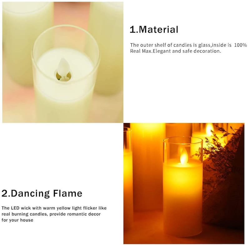 Pack of 5 LED Glass Flameless Candles with Remote Timer, Battery Operated Pillar Real Wax Moving Wick Flame 5" 6" 7" 8"