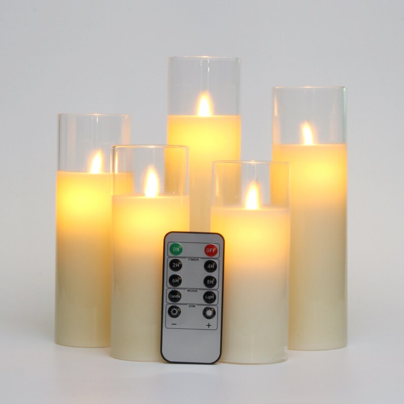 Pack of 5 LED Glass Flameless Candles with Remote Timer, Battery Operated Pillar Real Wax Moving Wick Flame 5" 6" 7" 8"