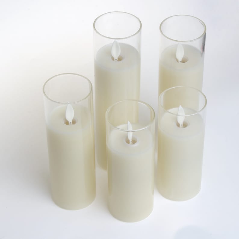 Pack of 5 LED Glass Flameless Candles with Remote Timer, Battery Operated Pillar Real Wax Moving Wick Flame 5" 6" 7" 8"