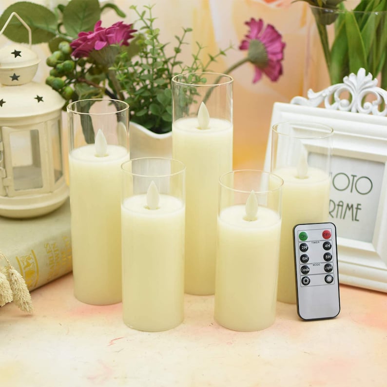 Pack of 5 LED Glass Flameless Candles with Remote Timer, Battery Operated Pillar Real Wax Moving Wick Flame 5" 6" 7" 8"